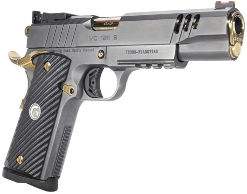Modern 1911 pistol with black and gold accents.