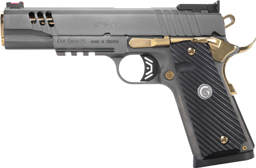 Handgun with gold accents and textured grip.