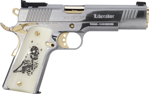 Silver pistol with engraved handle design.