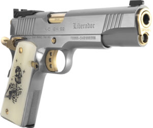Silver and gold pistol with engraved design.