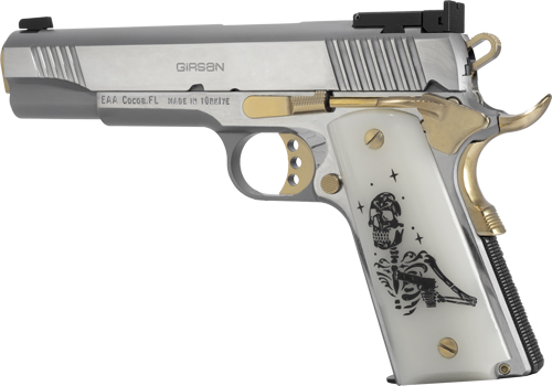 Decorative silver handgun with engraved skull grip.