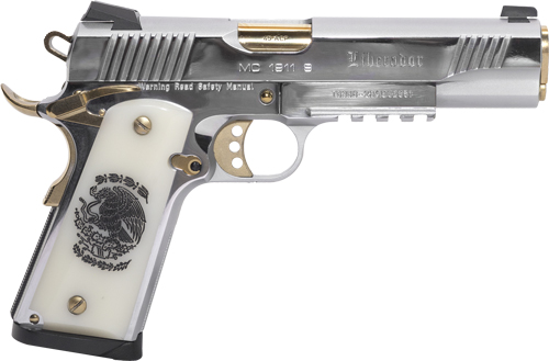 Silver and gold engraved pistol with custom grip.