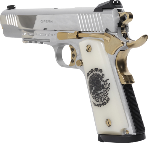 Silver and gold engraved handgun with white grip.