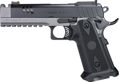 Black and gray semi-automatic handgun, side view.