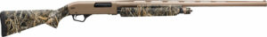 Camo-patterned hunting shotgun, side view.
