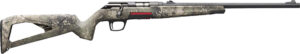 Camouflage bolt-action rifle with black barrel