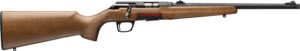 Bolt-action rifle with wooden stock on white background