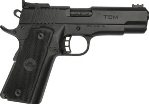 Black semi-automatic pistol on white background