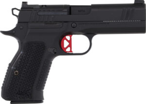 Black semi-automatic pistol with red trigger
