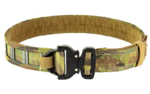 Camouflage tactical belt with metal buckle.