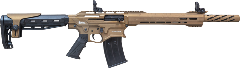 Tan tactical rifle with black stock and grip.