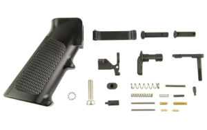 Black firearm grip with assembly parts layout
