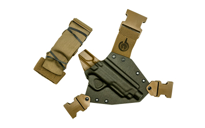Tactical holster with adjustable straps and buckles.
