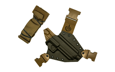 Brown tactical holster set with buckle attachments.