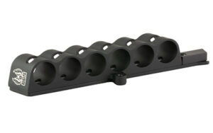 Black shotgun shell holder with six slots.