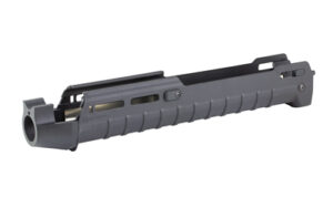 Black firearm handguard on white background