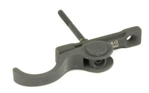 Metal latch lever mechanism on white background