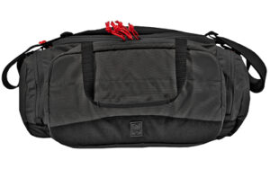 Black duffel bag with red zipper pulls