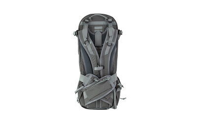 Gray hiking backpack with multiple straps and pockets.