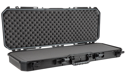Open black hard rifle case with foam interior