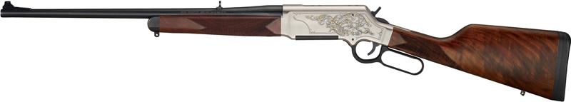 Engraved lever-action rifle with wooden stock