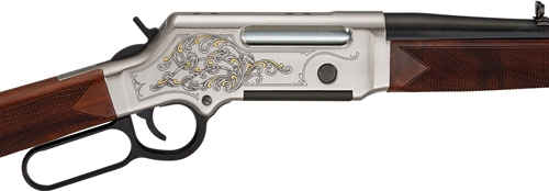 Engraved lever-action rifle with wooden stock