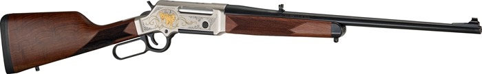 Engraved lever-action rifle with wooden stock
