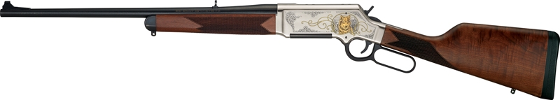 Engraved lever-action rifle with wooden stock