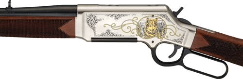 Engraved lever-action rifle with wooden stock