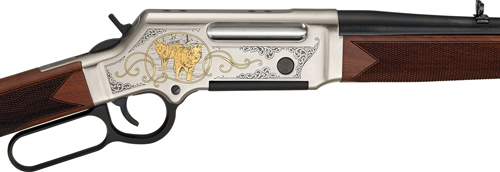 Engraved lever-action rifle with gold lion inlay