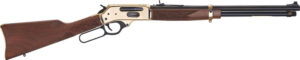 Lever-action rifle with wooden stock and brass receiver