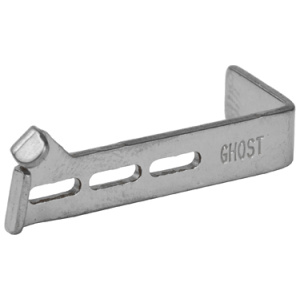Metal plate with GHOST engraving, angled design.