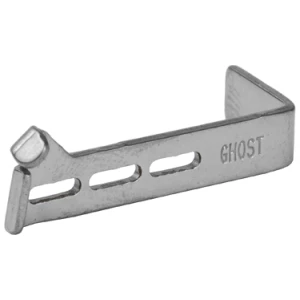 Metal plate with GHOST engraving, angled design.