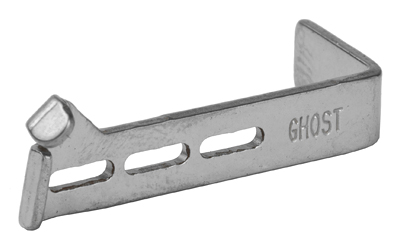 Metal plate with GHOST engraving, angled design.