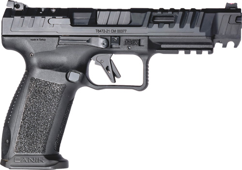 Black semi-automatic handgun on white background