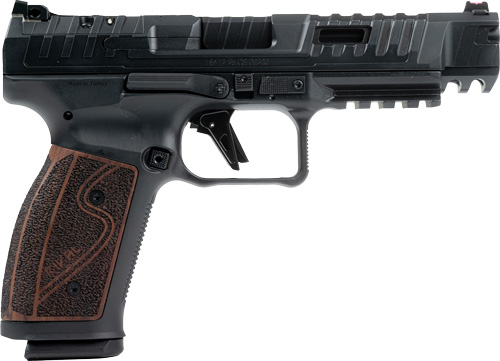 Black semi-automatic pistol on white background