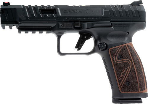 Black semi-automatic handgun with textured grip