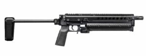 Compact black tactical firearm with folding stock