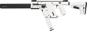 White tactical firearm with black barrel.
