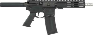 Black tactical rifle with scope and grip accessories.