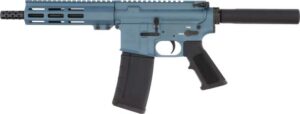 Blue rifle with black magazine and suppressor.