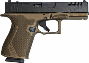 Brown and black handgun, side view.