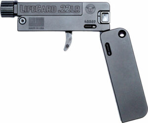 Compact foldable LifeCard .22LR firearm, gray metal finish.