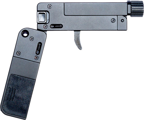 Black foldable stapler with an angled design.