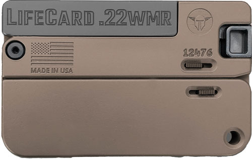 Compact LifeCard .22 WMR firearm with USA flag.