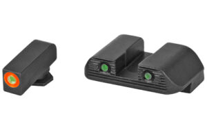 Black handgun iron sights with green dot inserts