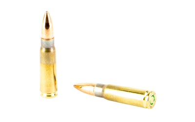Two 7.62mm rifle bullets on white background.