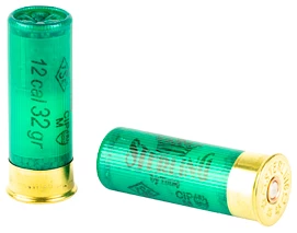 Two green 12-gauge shotgun shells on white background.