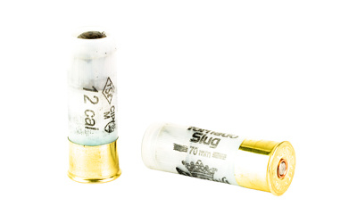 Two 12-gauge shotgun slug shells on white background