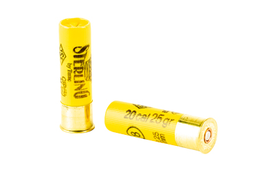 Two yellow 20-gauge shotgun shells on white background